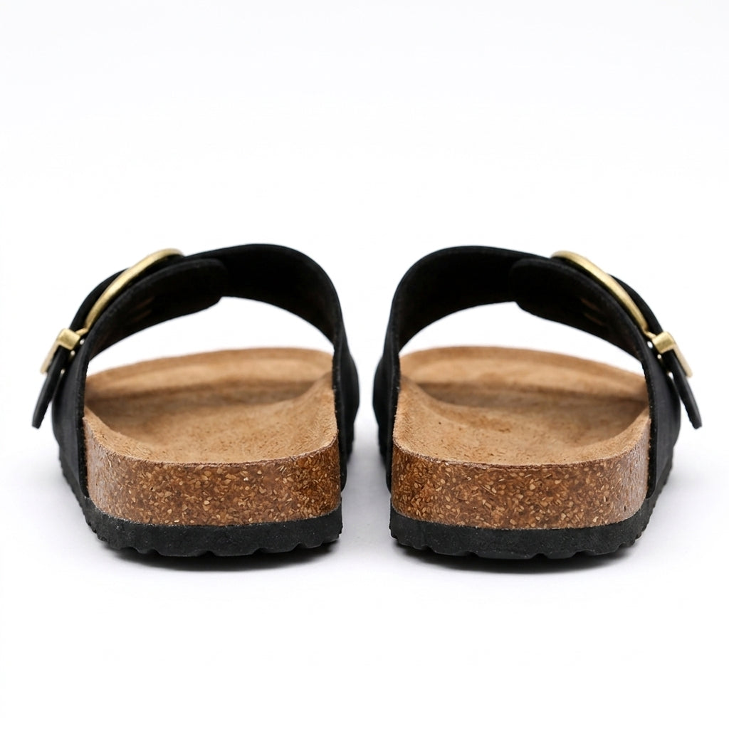 Buckle slide sandals with cork-look sole in black