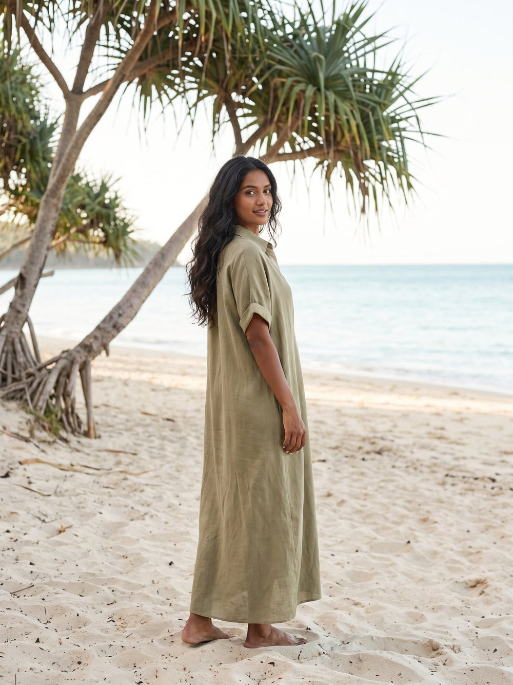 Button-Down Maxi Shirt Dress with Short Sleeves