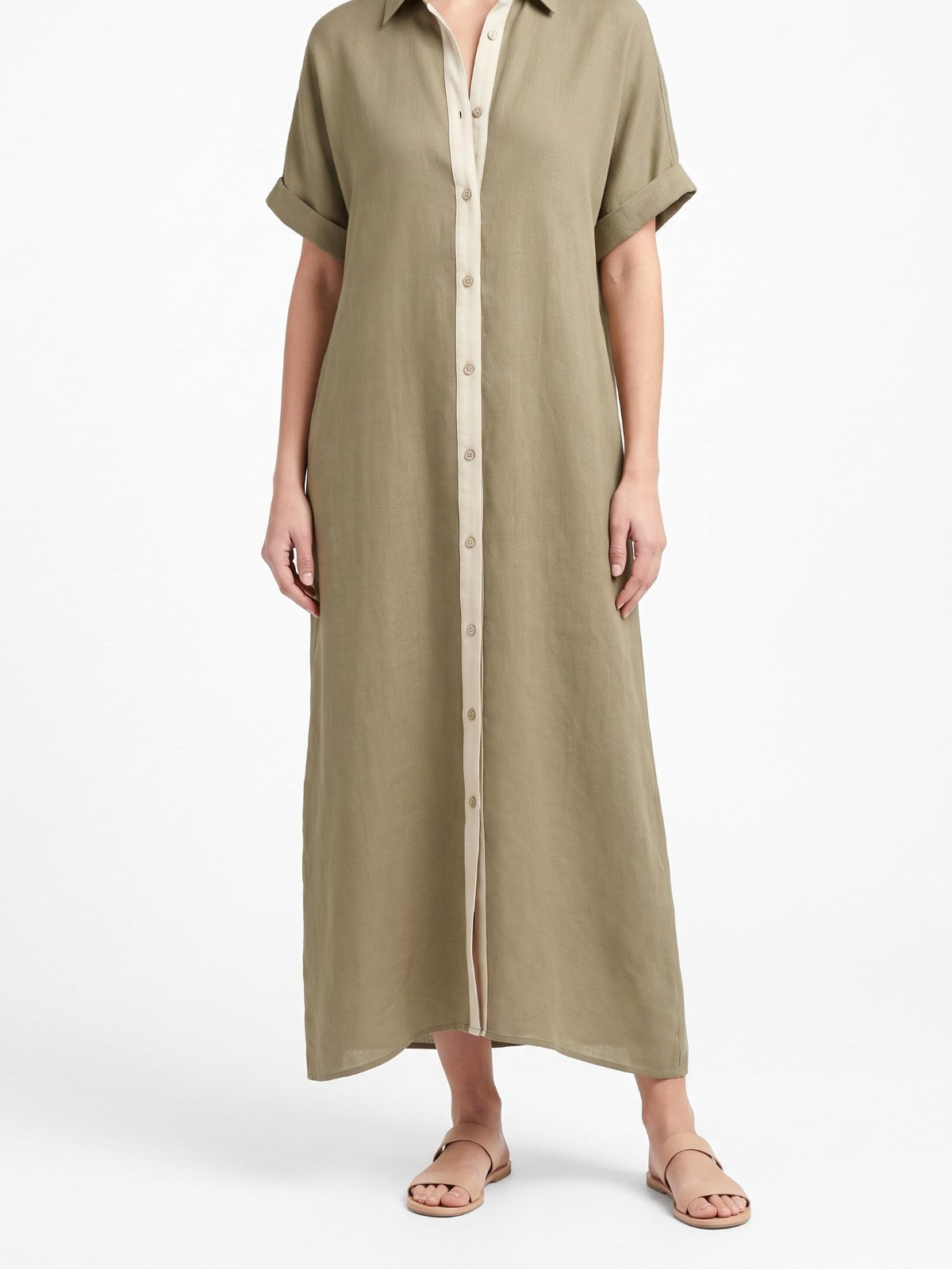 Khaki button-down maxi shirt dress with short sleeves on a white background