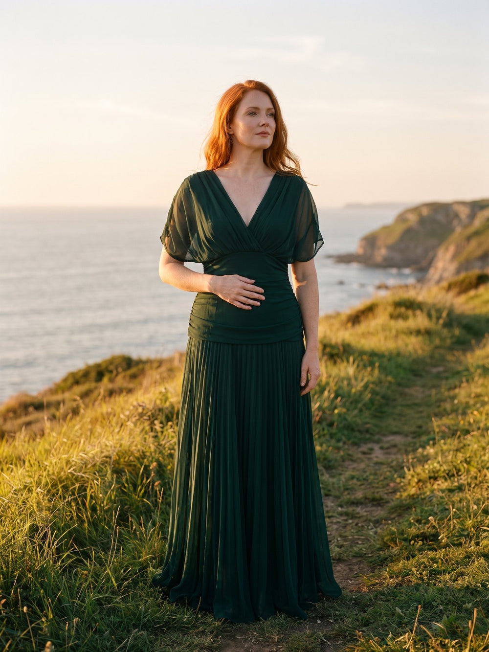 Chiffon V-Neck Maxi Dress with Flutter Sleeves