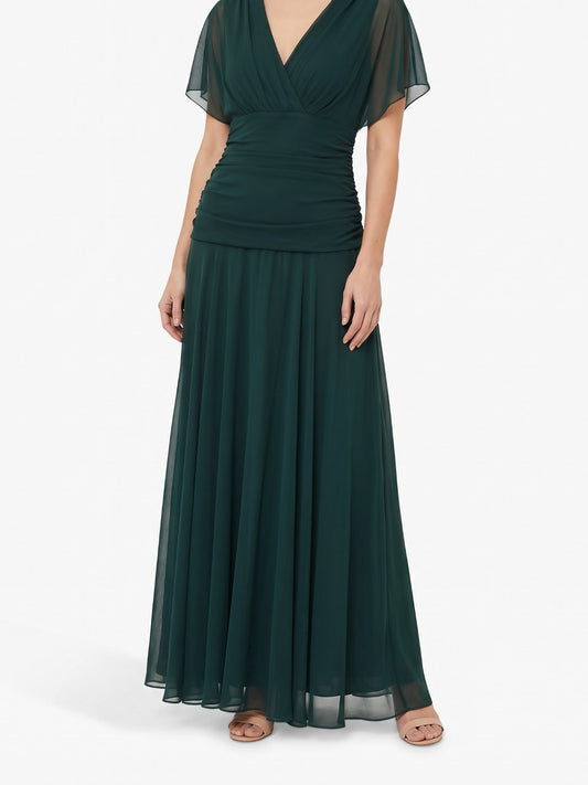Bottle green chiffon V-neck maxi dress with flutter sleeves on a white background