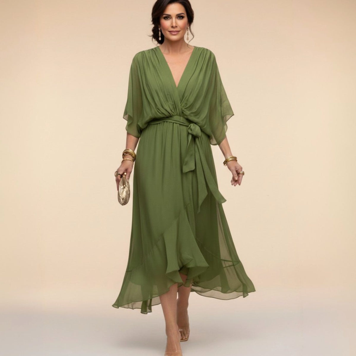 Chiffon wedding guest midi dress with V-neck in green