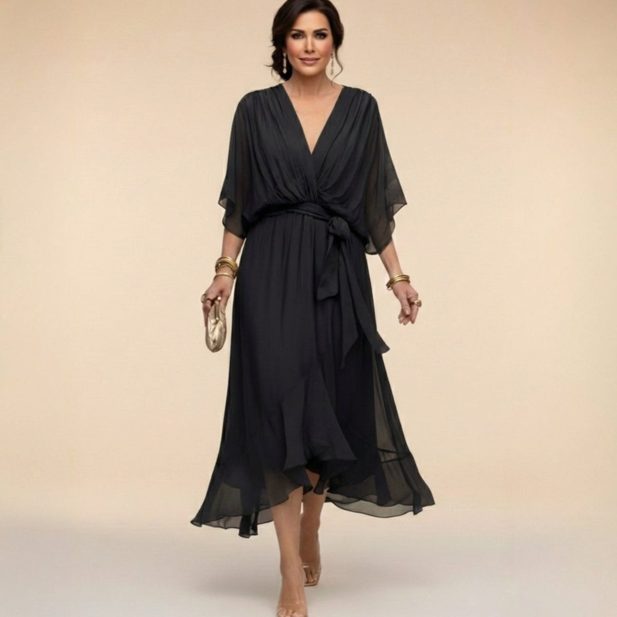 Chiffon wedding guest midi dress with V-neck in black