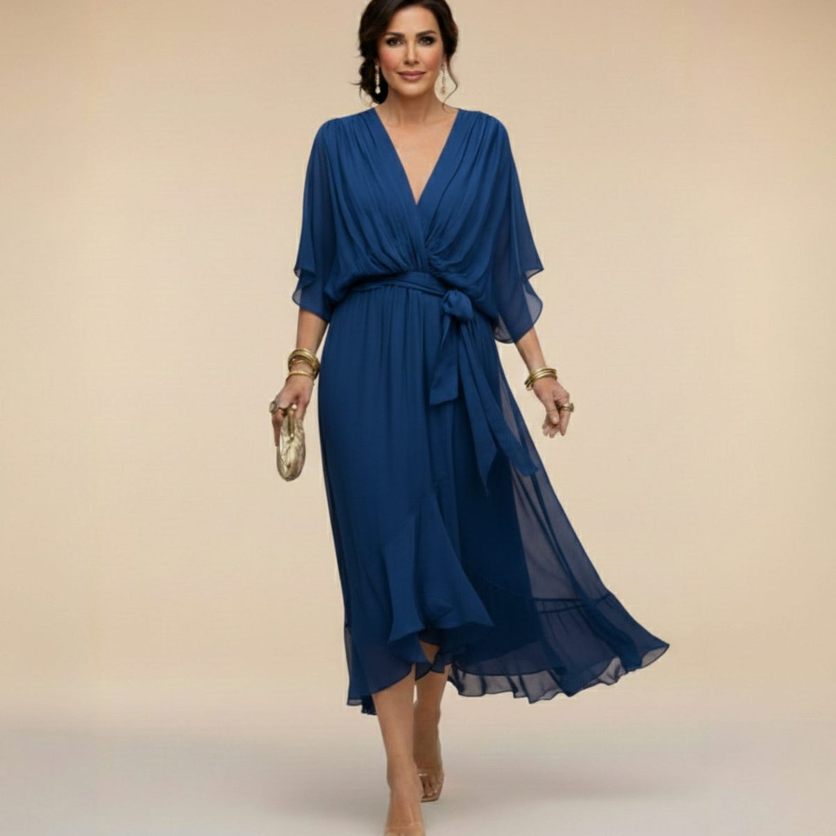 Chiffon wedding guest midi dress with V-neck in blue