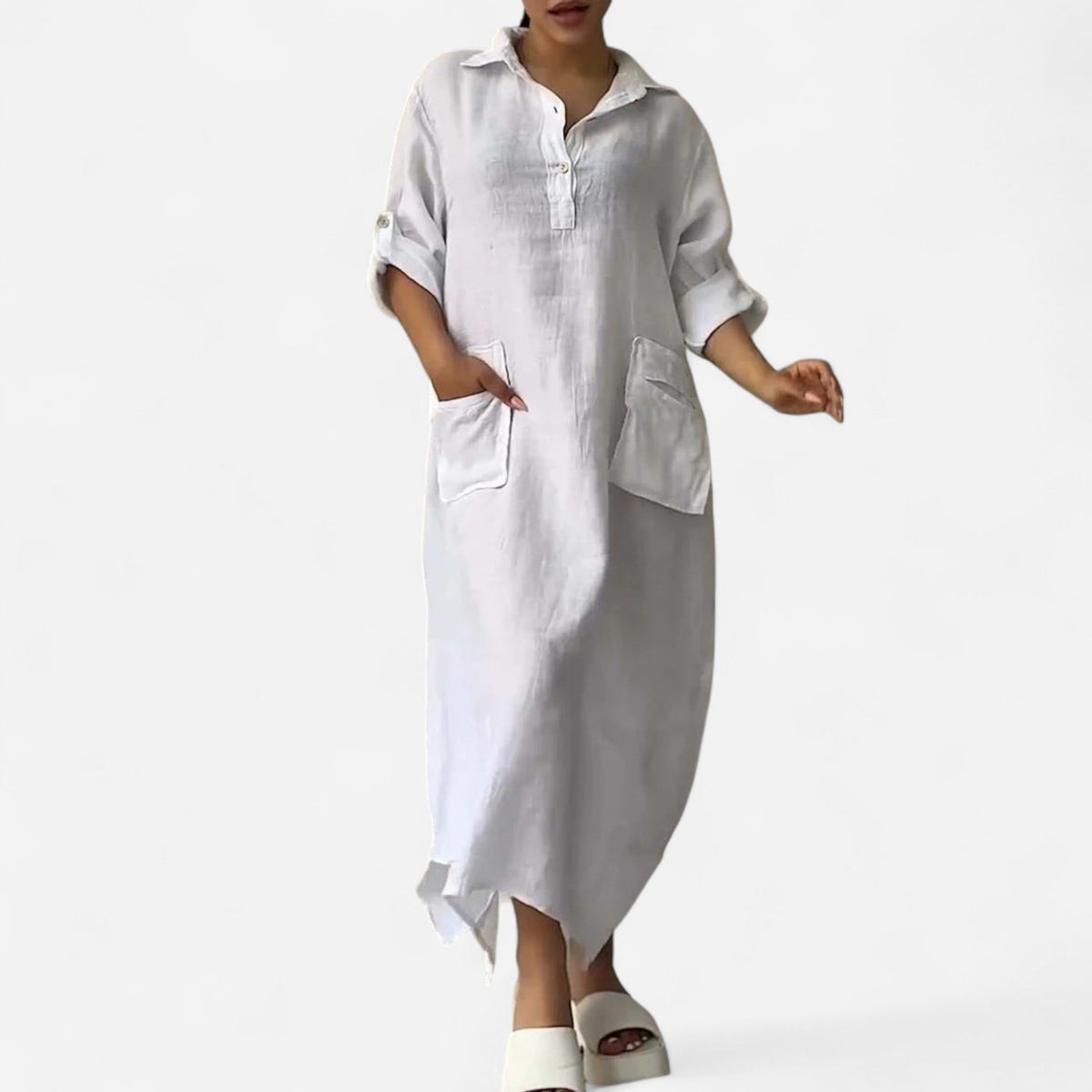 Linen-look maxi dress in white - front