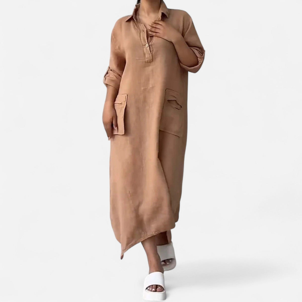 Linen-look maxi dress in khaki - front