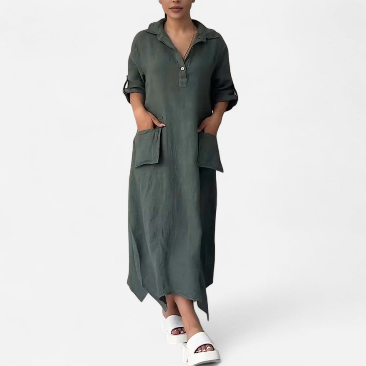 Linen-look maxi dress in dark green - front
