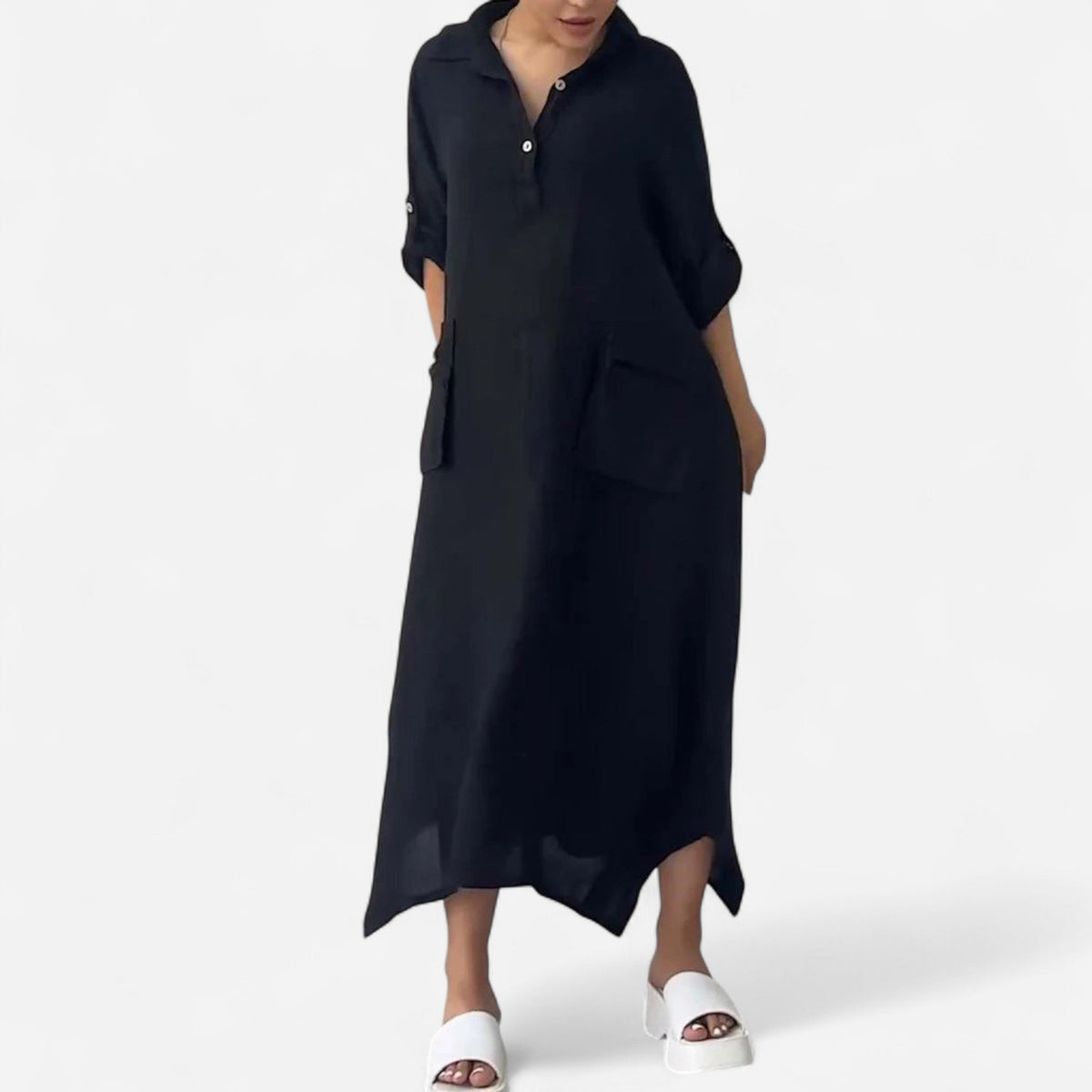 Linen-look maxi dress in black - front