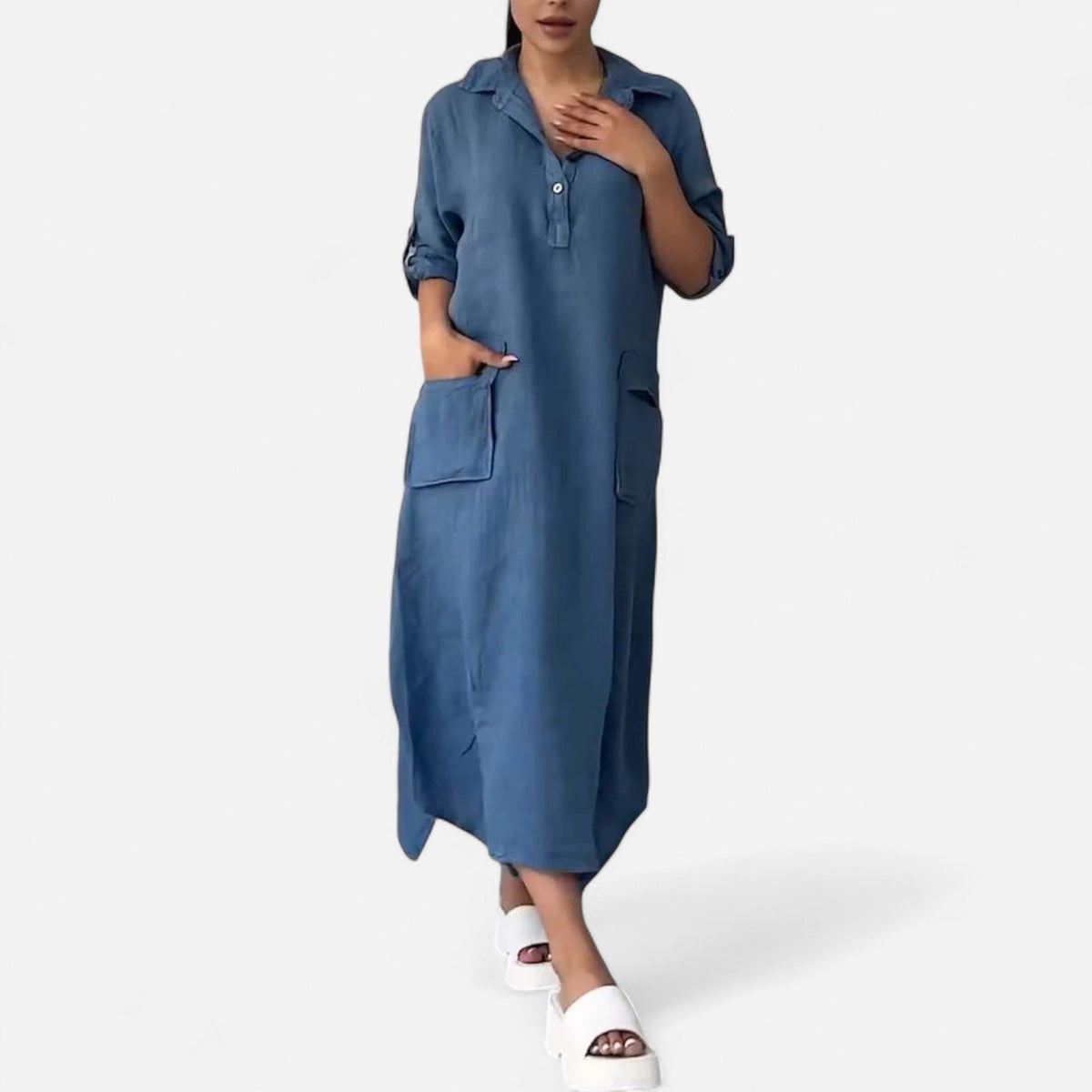 Linen-look maxi dress in blue - front