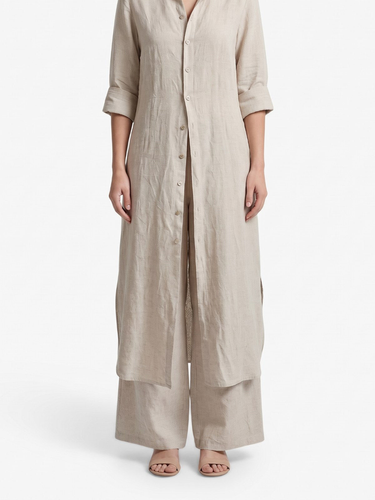 Khaki cotton long shirt and pants set on a white background