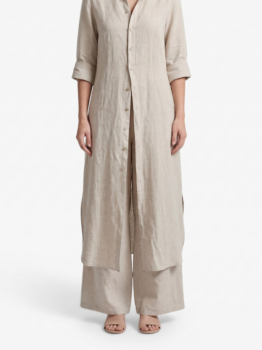 Khaki cotton long shirt and pants set on a white background