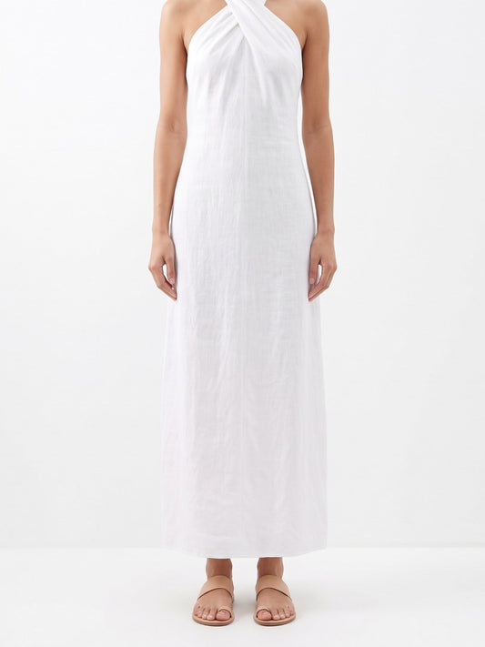 White criss-cross halter neck maxi dress on a white background