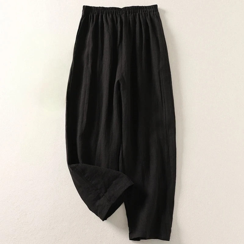 Cropped wide leg linen-look pants in black