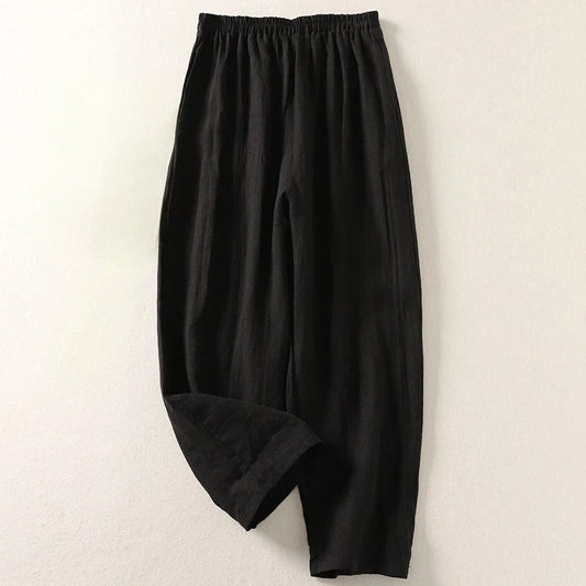 Cropped wide leg linen-look pants in black