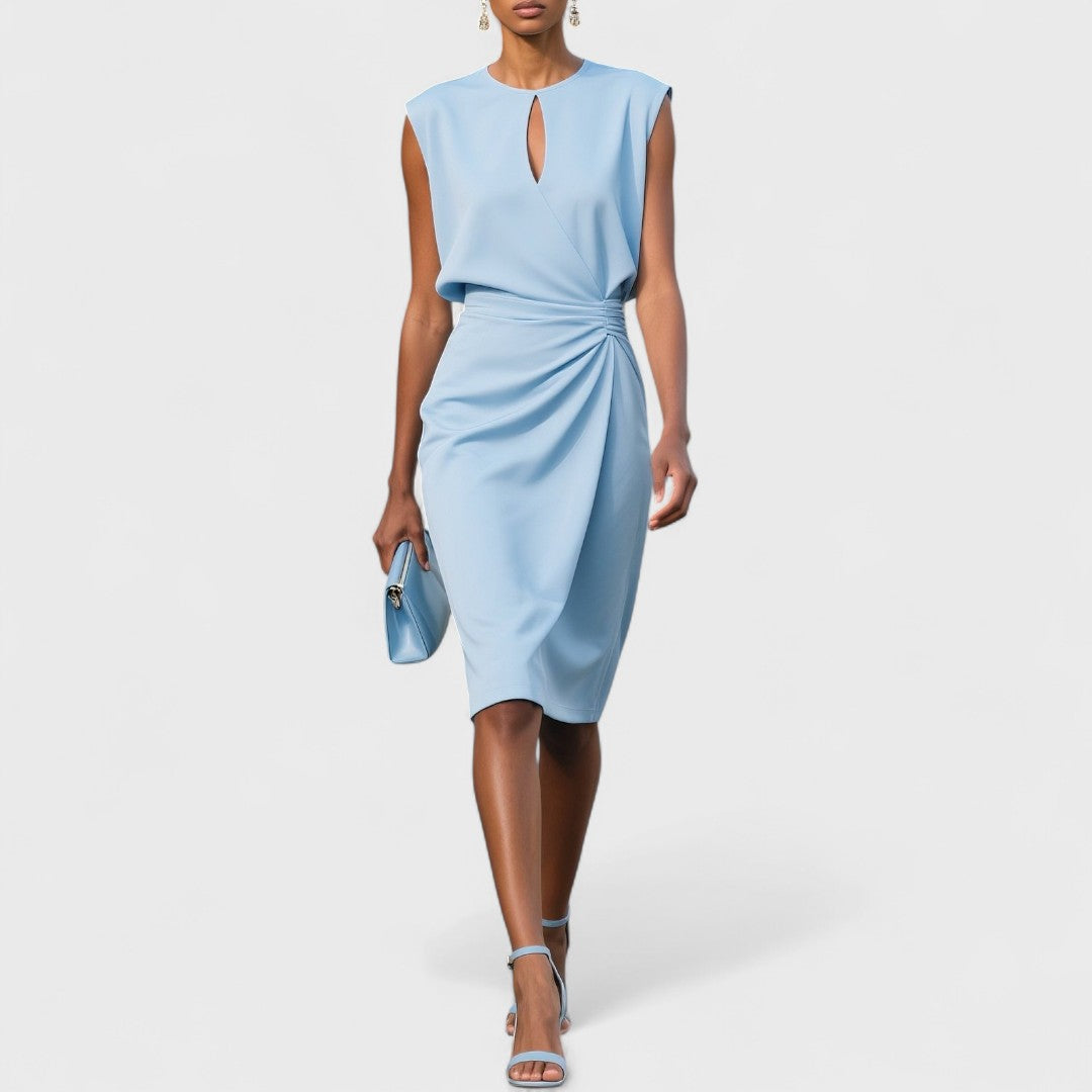 Draped waist midi dress in sky blue - front
