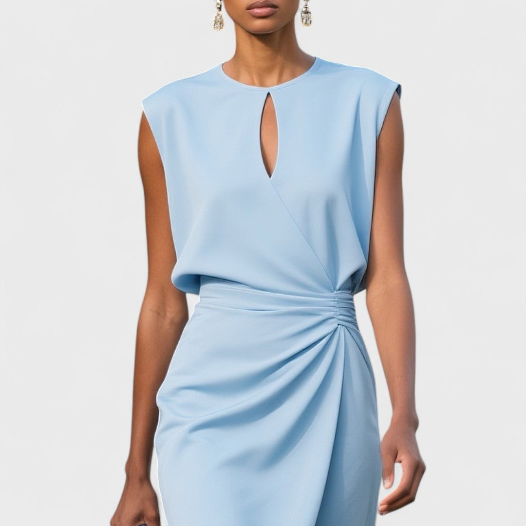 Draped waist midi dress in sky blue - detail