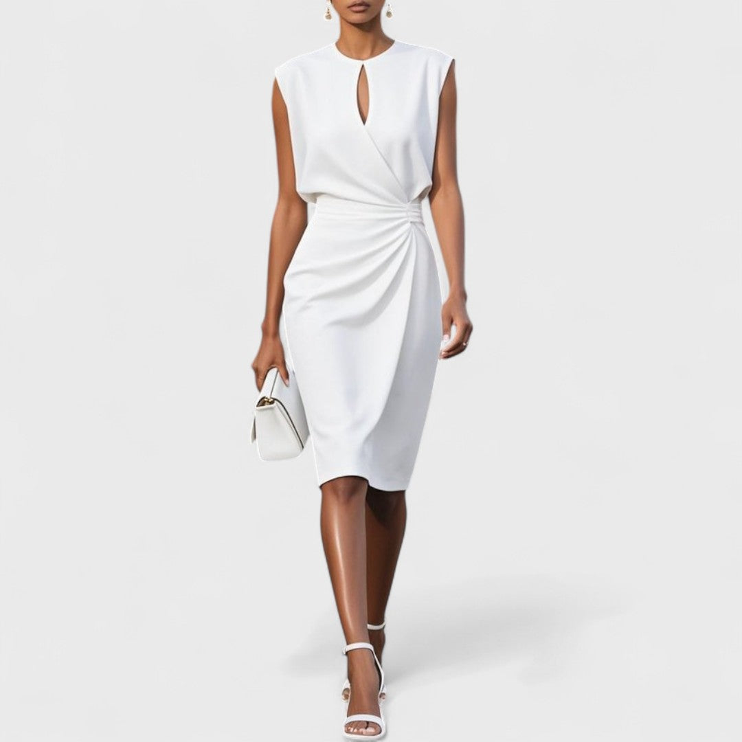 Draped waist midi dress in white - front