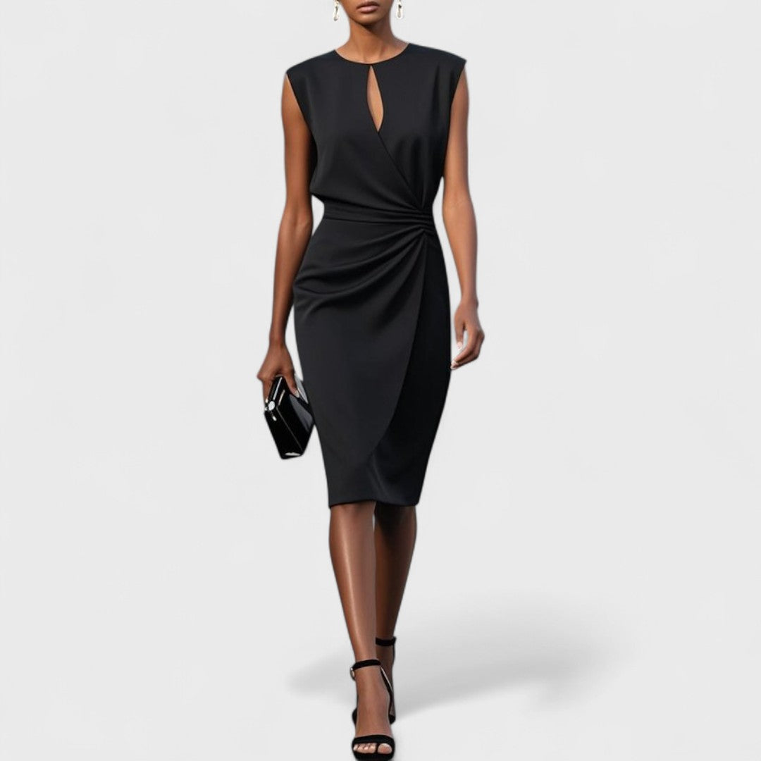 Draped waist midi dress in black - front