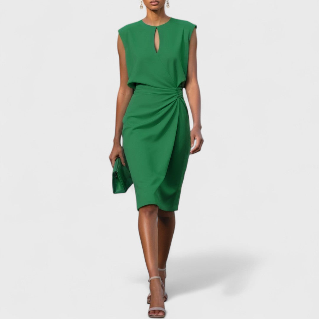 Draped waist midi dress in green - front
