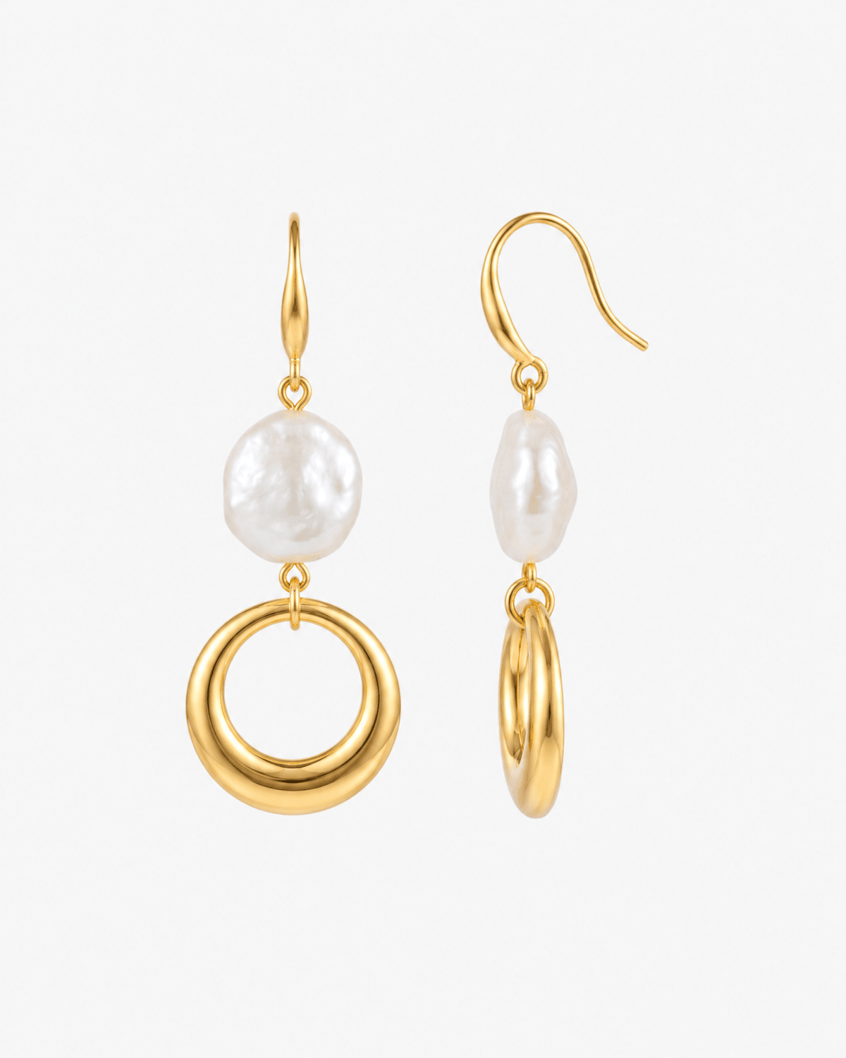 Faux pearl drop earrings with gold-tone ring in gold