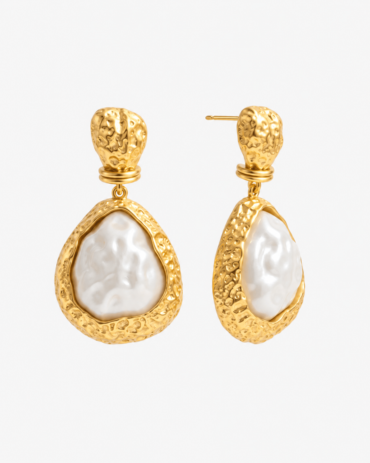 Pearl drop earrings with faux pearl and textured gold-tone frame