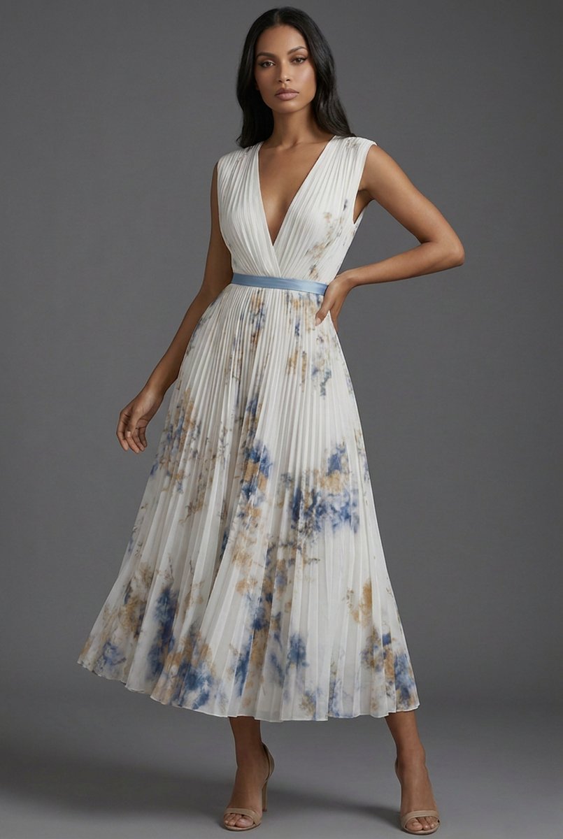 Floral pleated midi dress in white - front