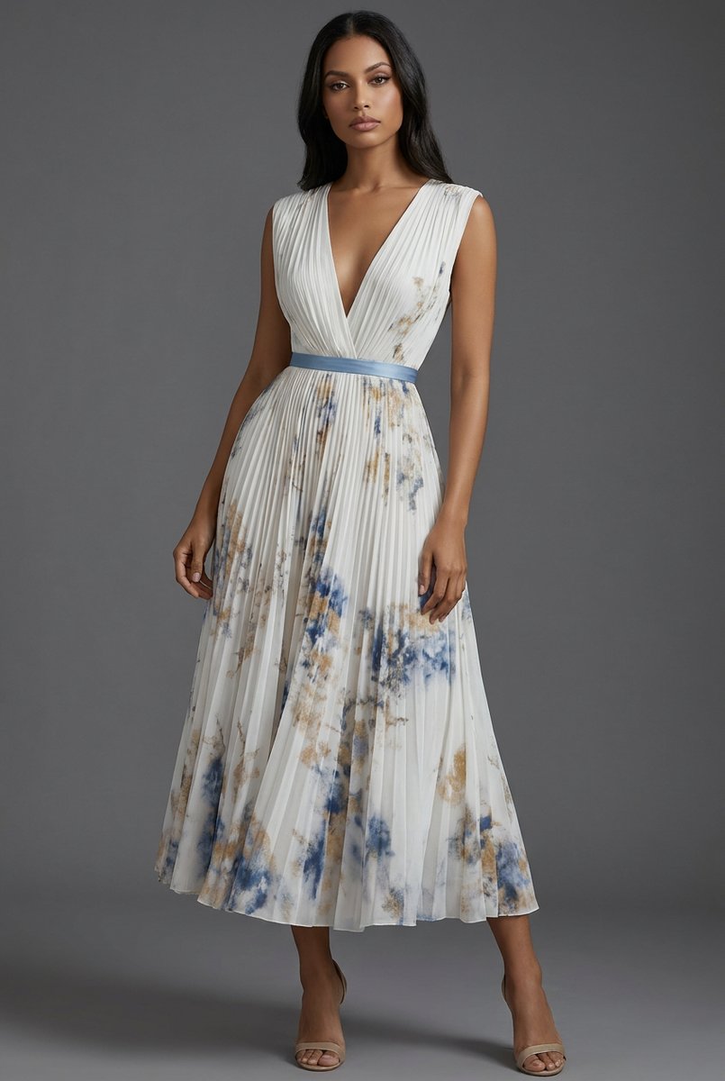 Floral pleated midi dress in white - back