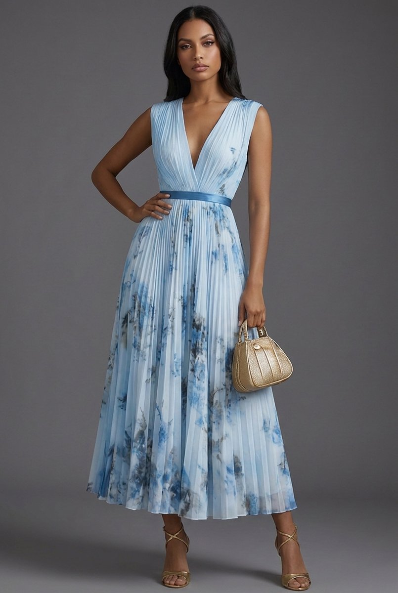 Floral pleated midi dress in light blue - front