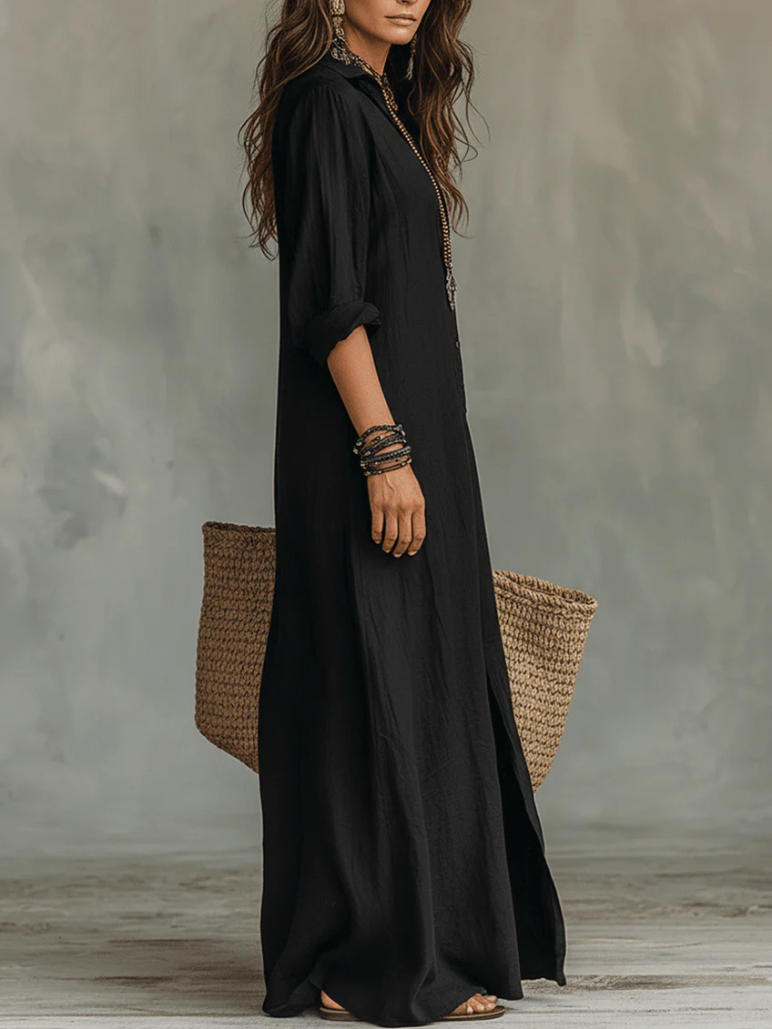 Flowing floor-length maxi dress in black - detail