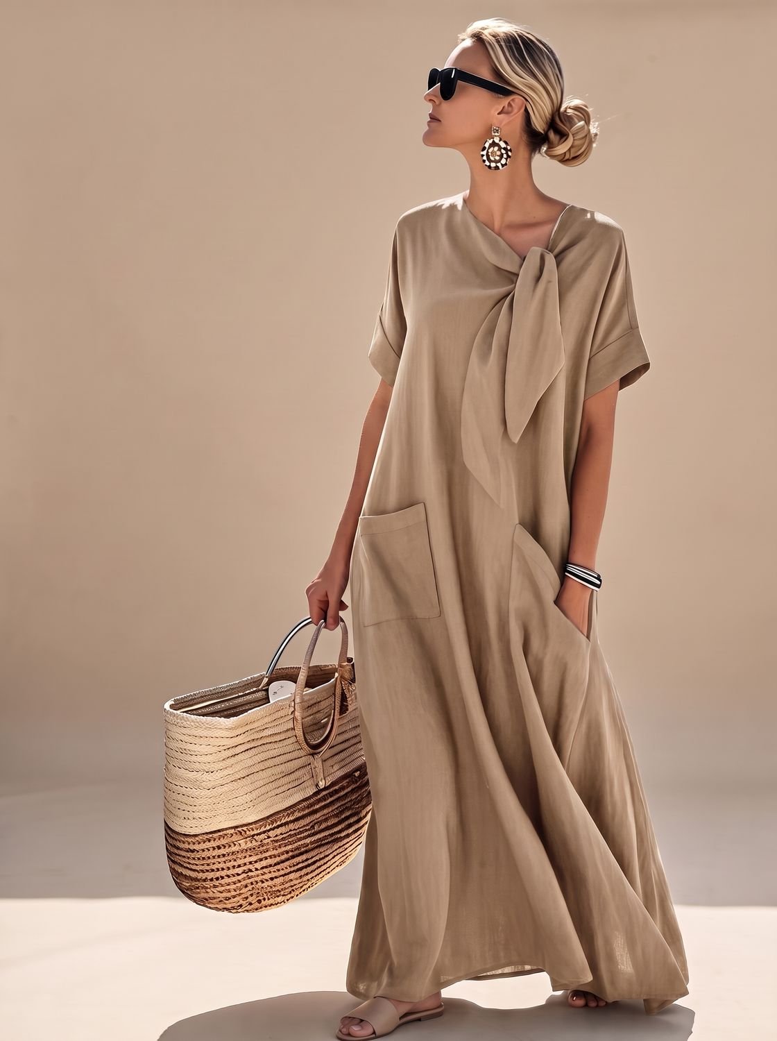 Flowy maxi dress with neck tie and pockets in Khaki