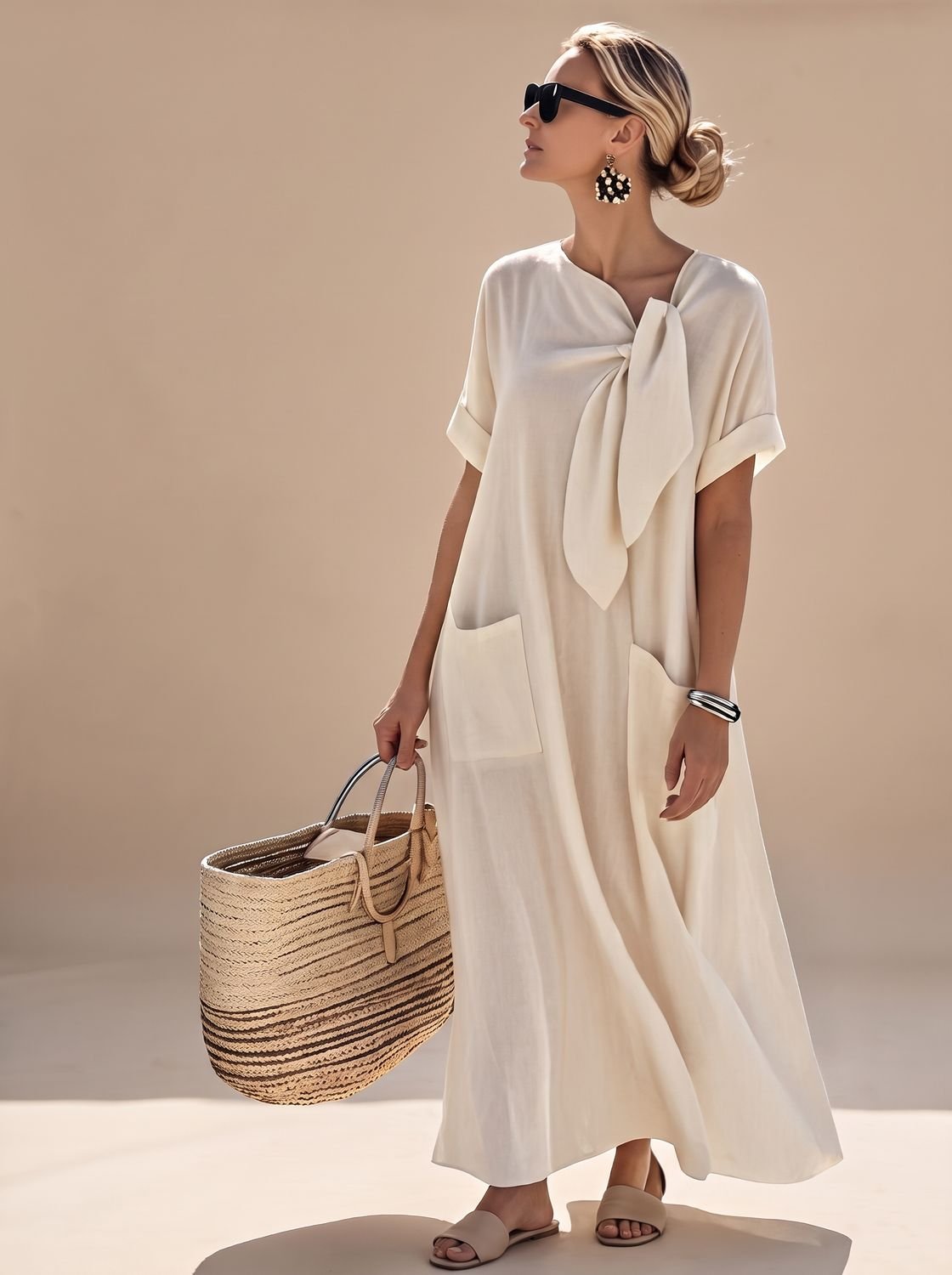 Flowy maxi dress with neck tie and pockets in Beige