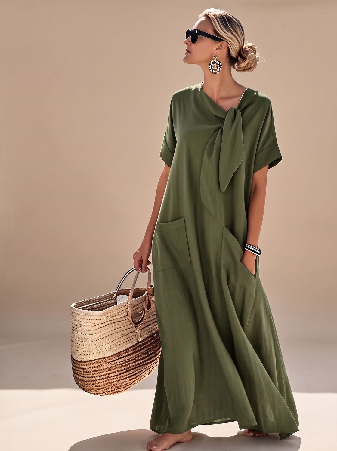 Flowy maxi dress with neck tie and pockets in Army Green
