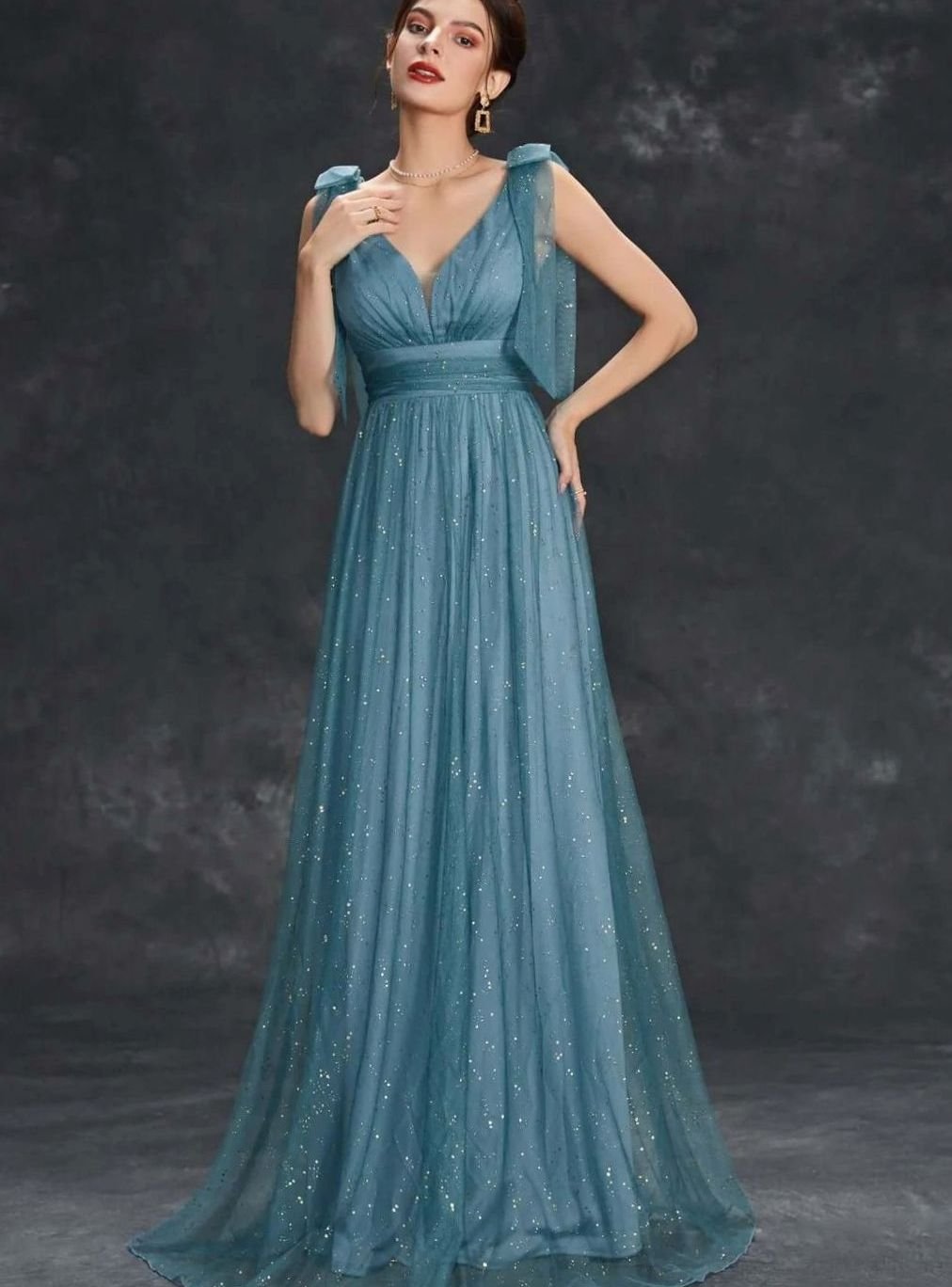 Glitter maxi dress with V-neck and tulle skirt in Light Blue