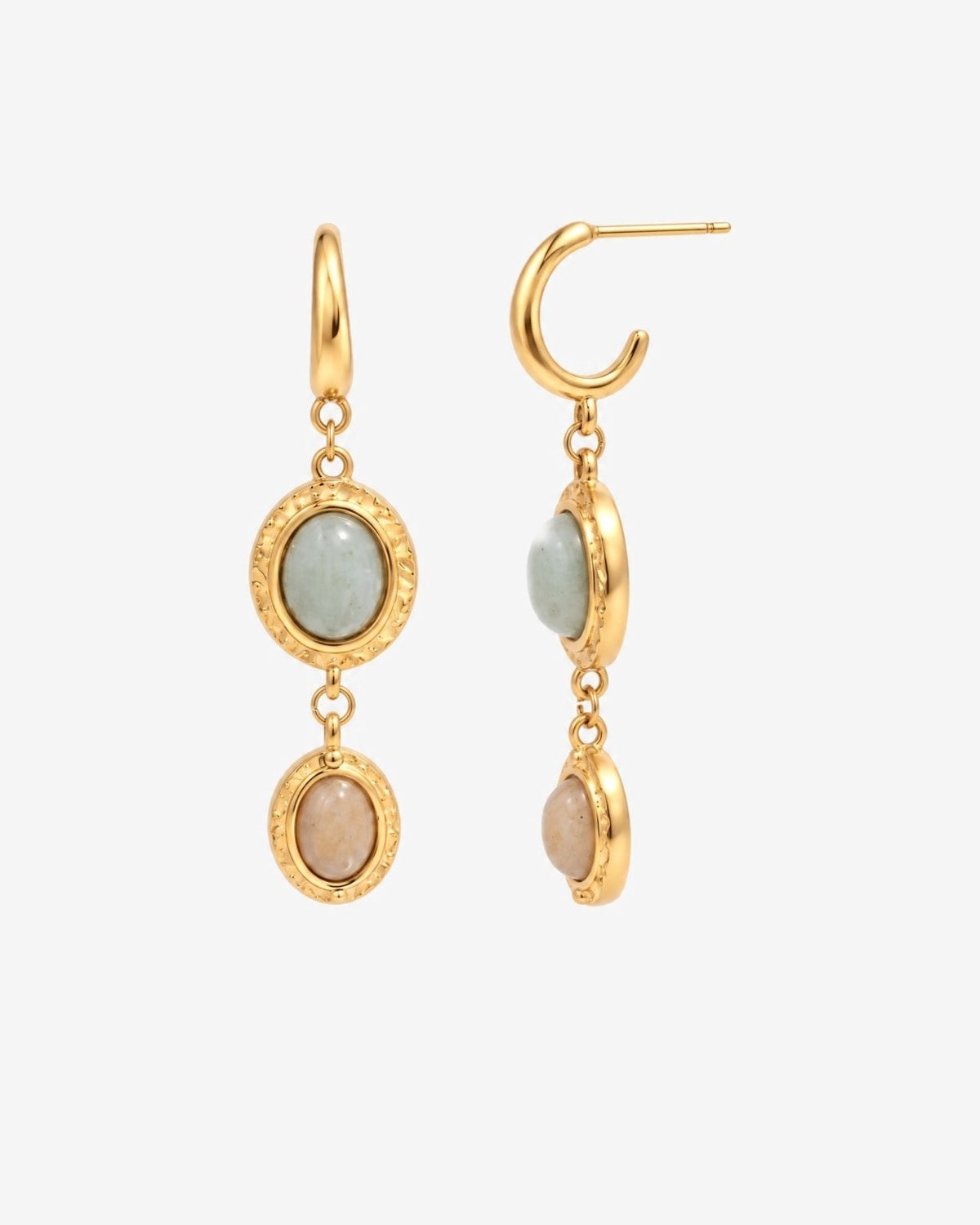 Gold-tone drop earrings with green and cream stones in Gold