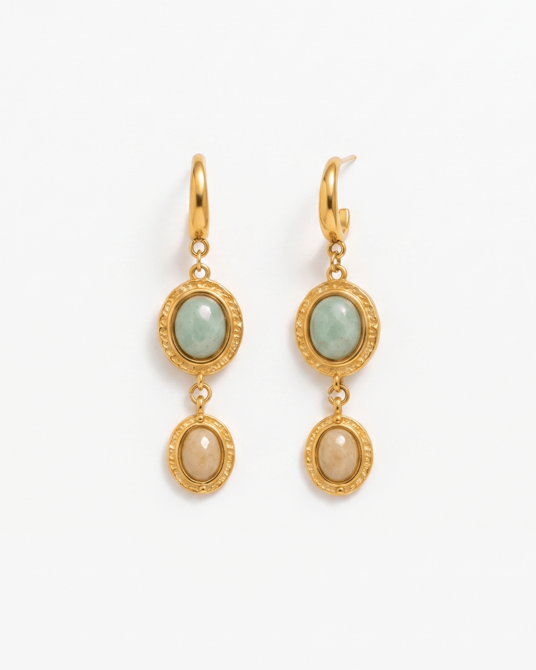 Gold-tone drop earrings with green and cream stones in Gold