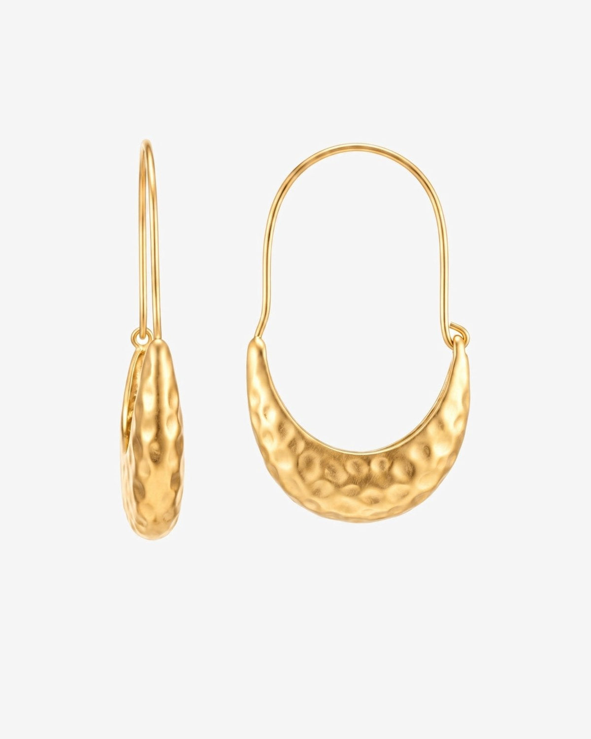 Gold hoop earrings with hammered crescent shape in gold tone