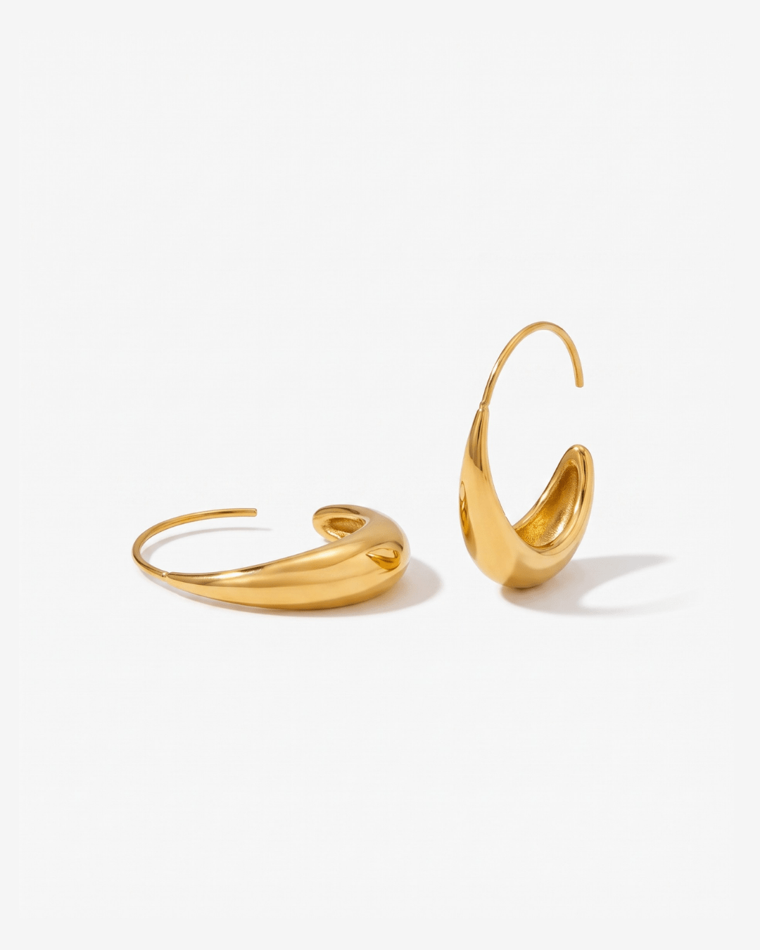 Gold hoop earrings teardrop open design side view