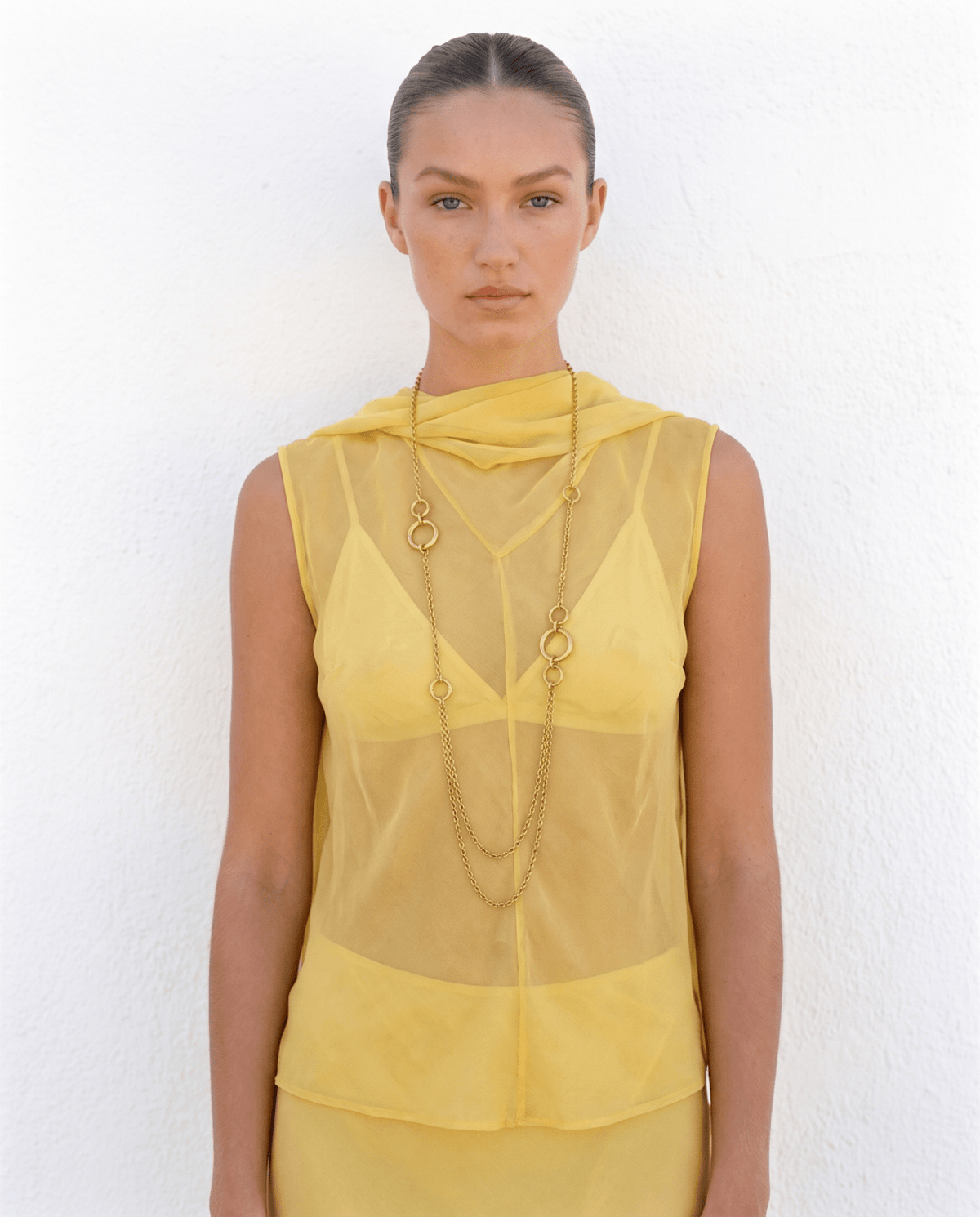 Gold layered necklace double chain on model front view