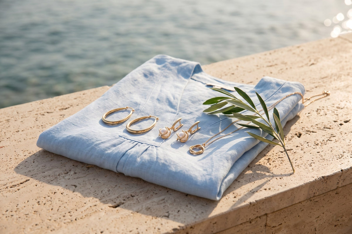 Linen dress with gold hoops, pearl drop earrings and pendant necklace on stone by the sea