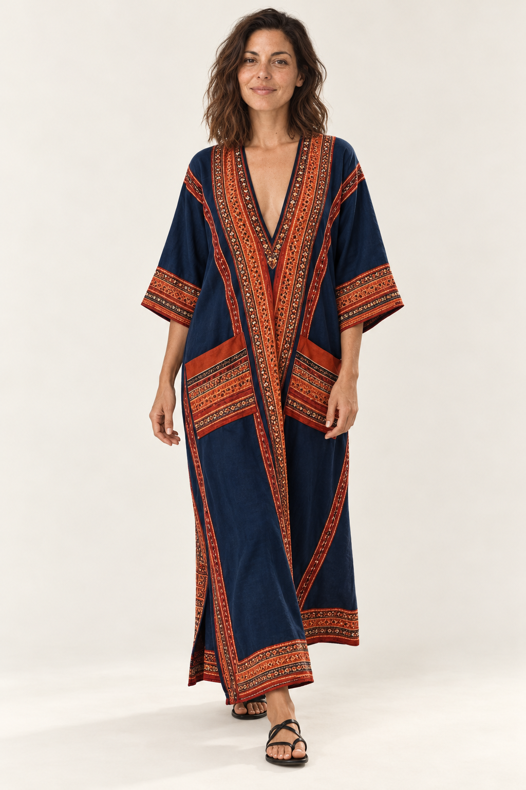 Kaftan maxi dress with deep V-neck in navy