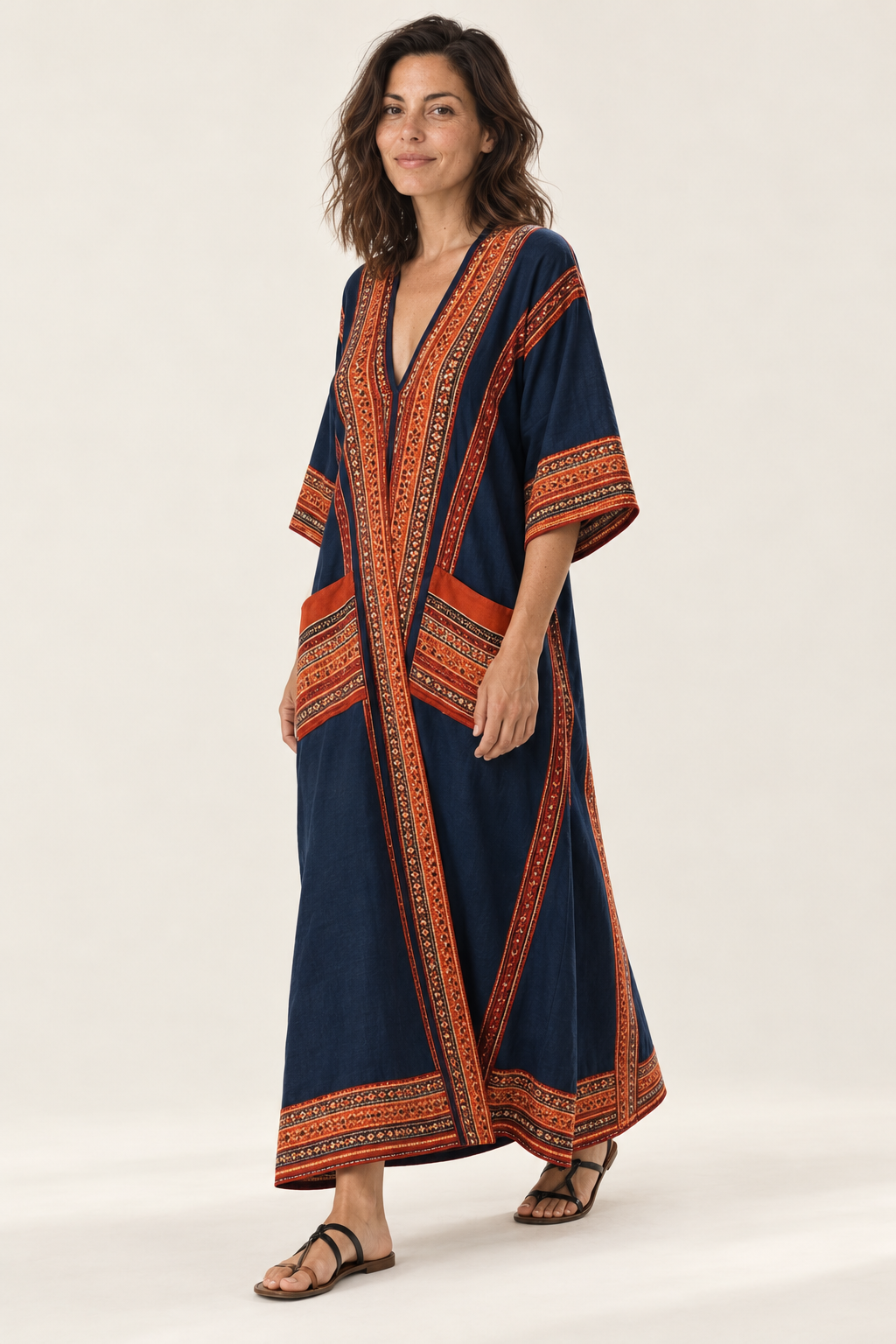 Navy kaftan maxi dress three-quarter view