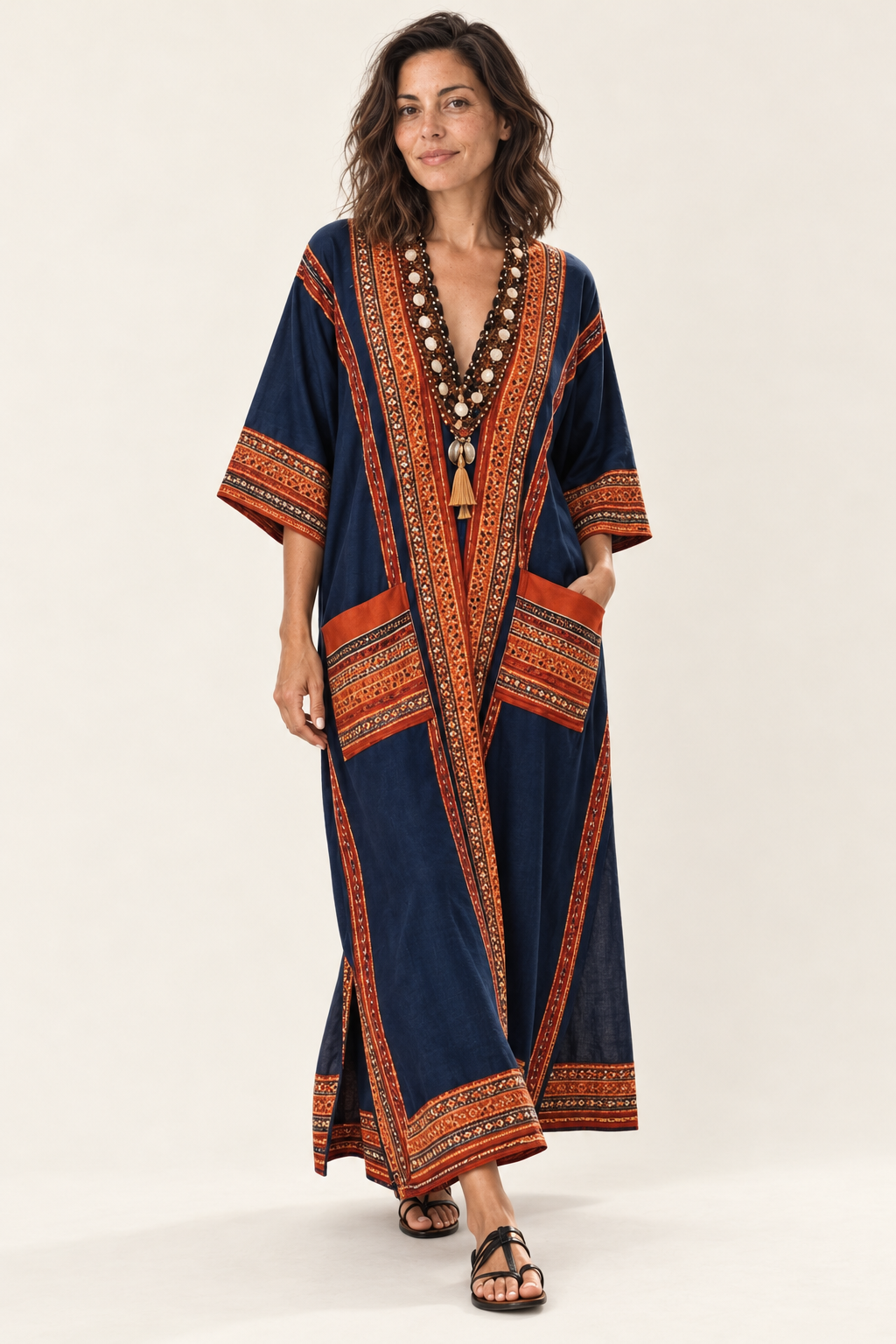 Navy kaftan maxi dress contrast panel detail