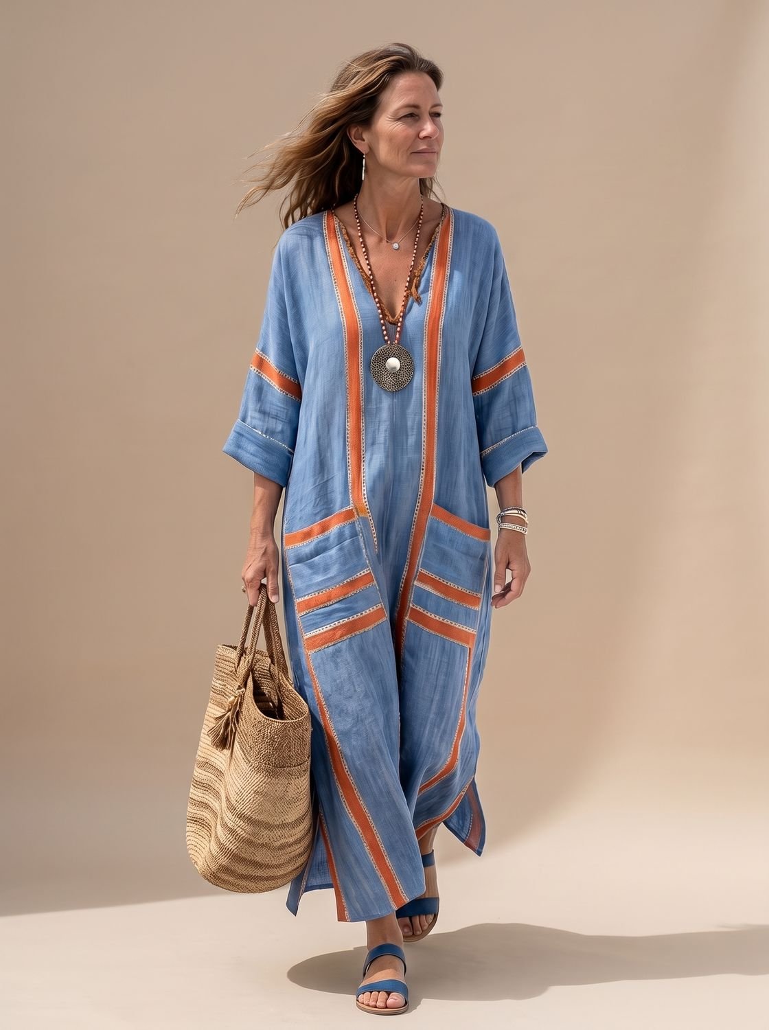 Kaftan midi dress with V-neck and contrast trim in blue