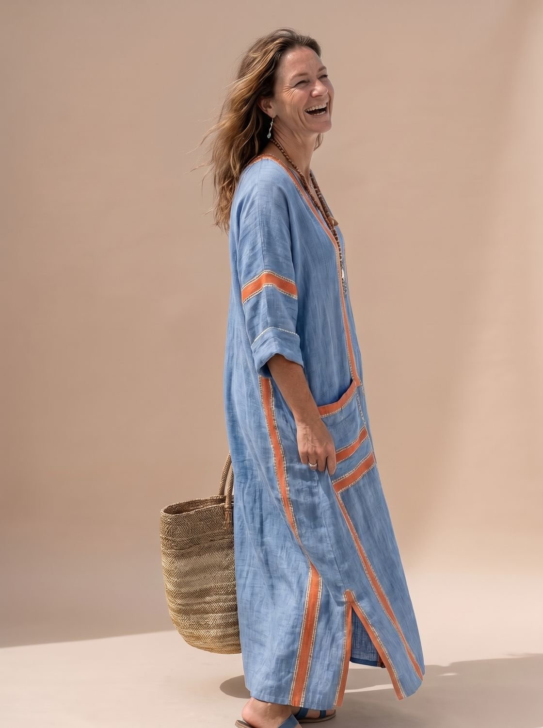 Blue kaftan midi dress side view