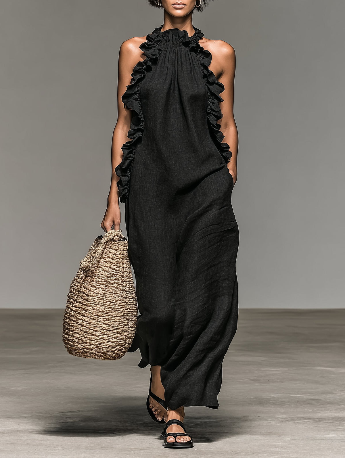 Linen-blend halter neck maxi dress with ruffle trim in Black