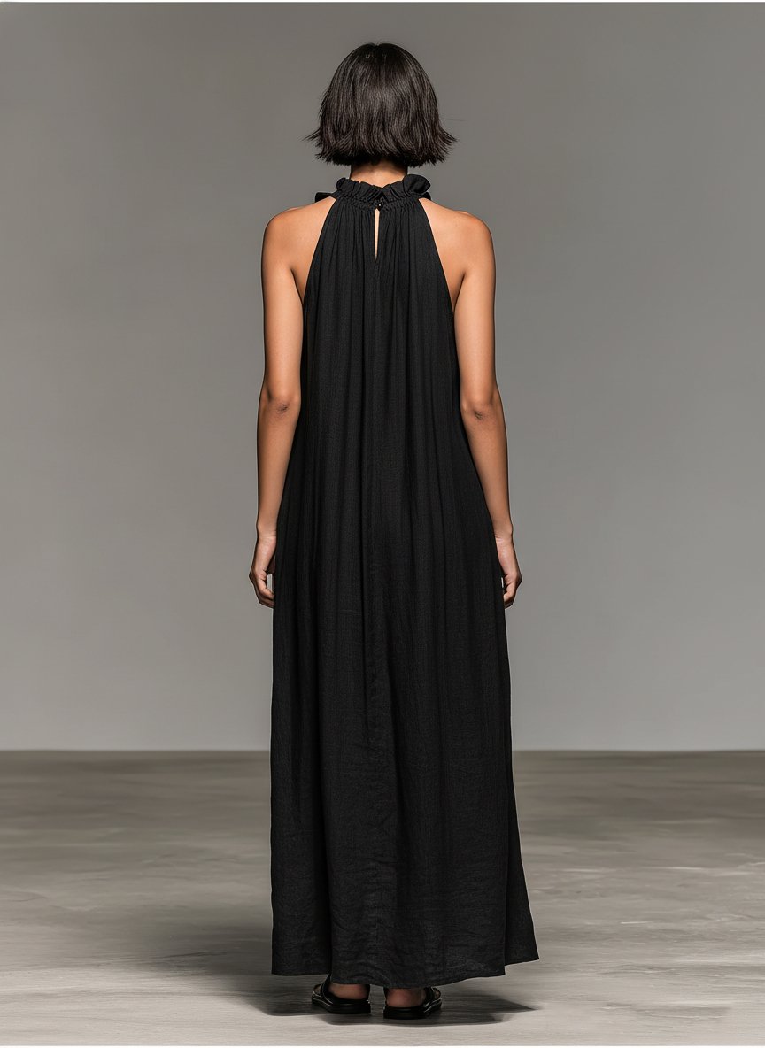 Linen-blend halter neck maxi dress with ruffle trim in Black