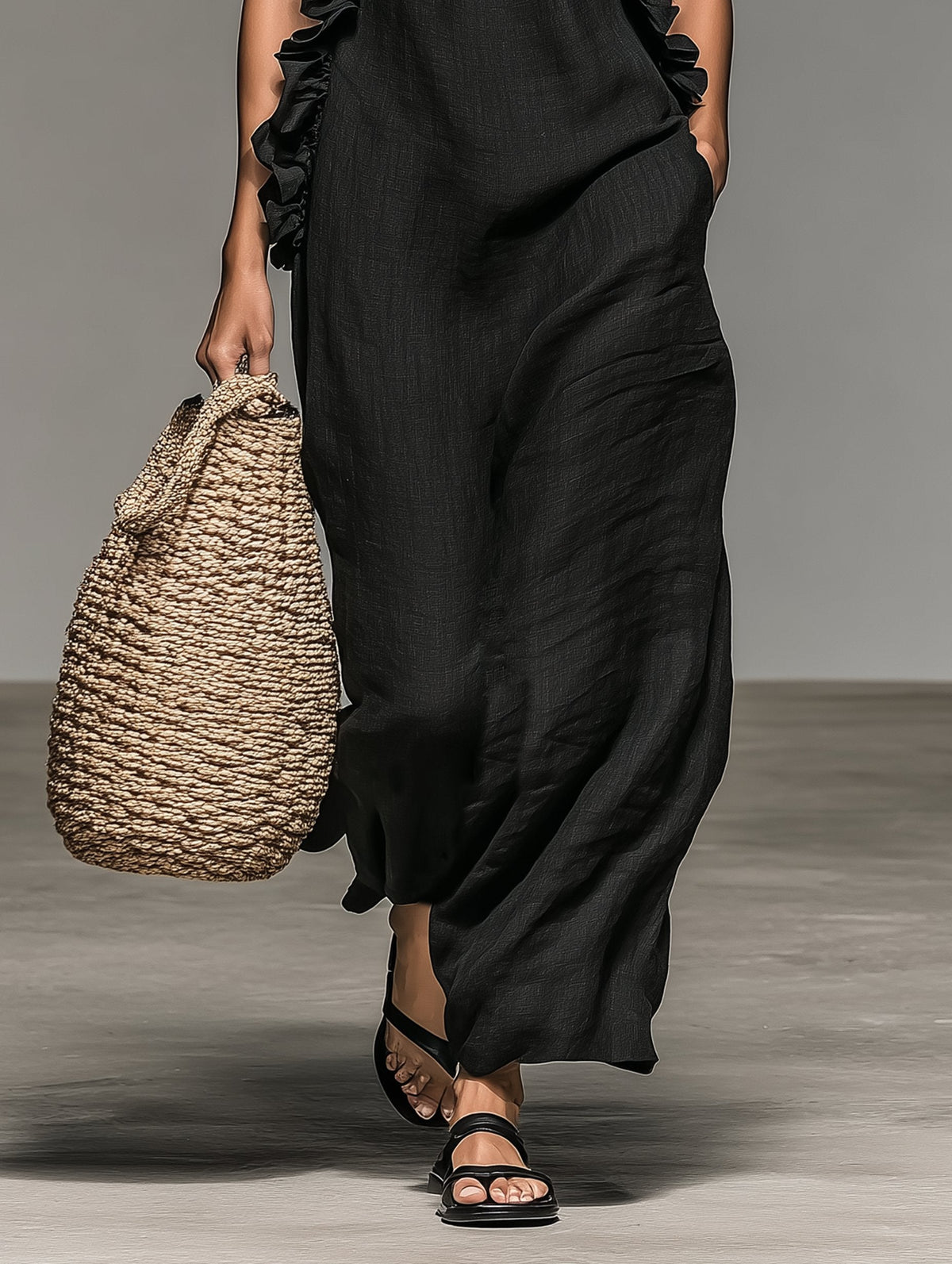 Linen-blend halter neck maxi dress with ruffle trim in Black