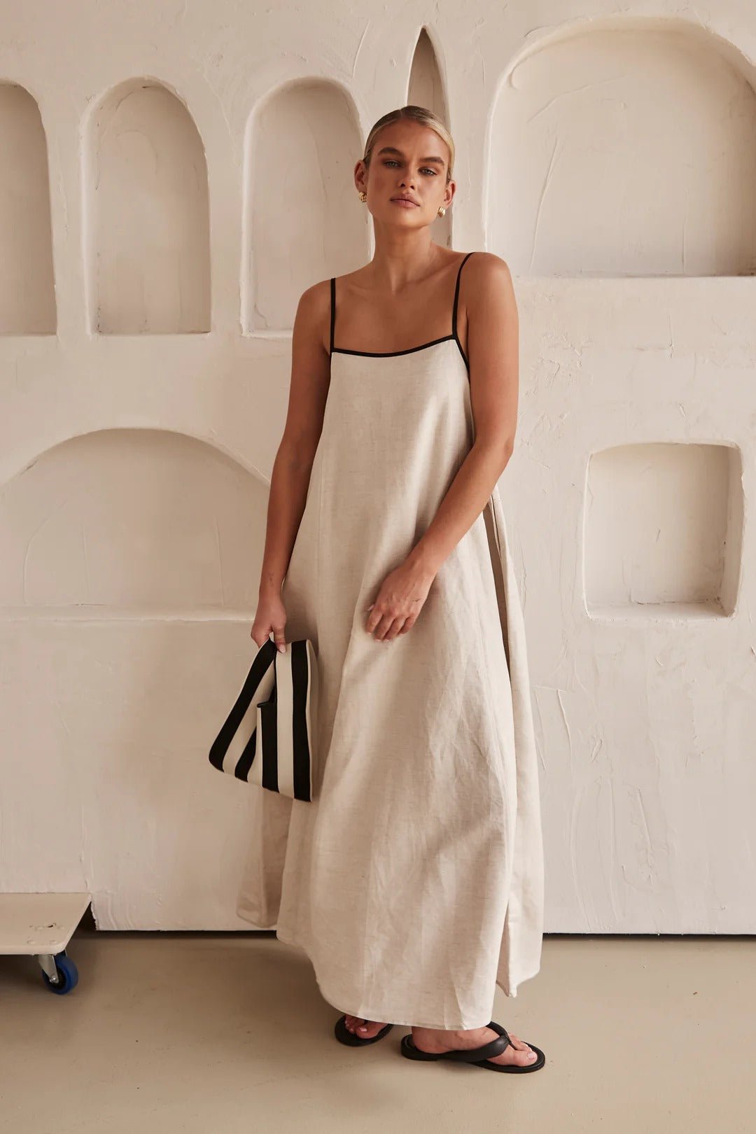 Linen-blend maxi dress in cream with contrast trim - front