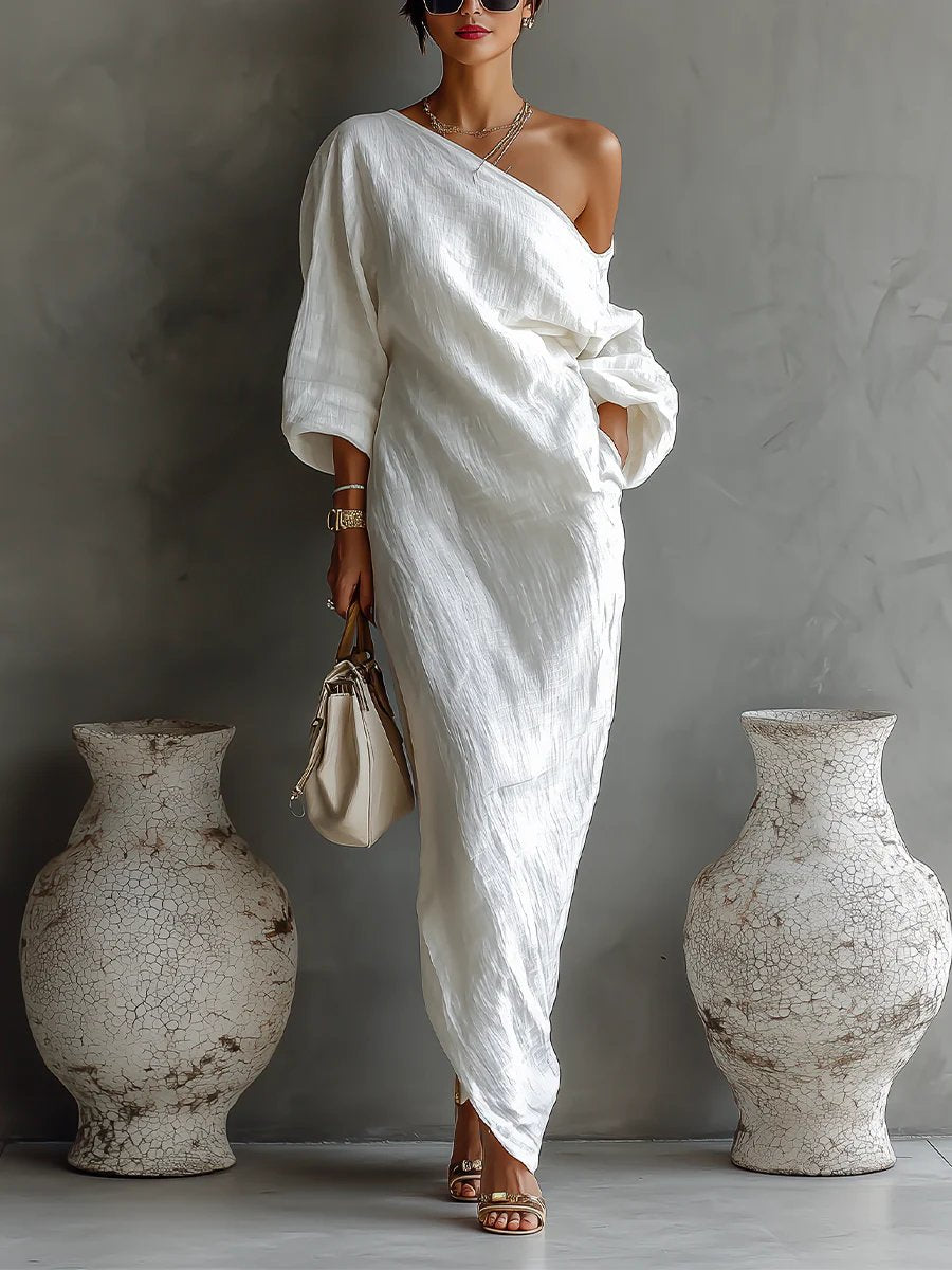 Linen-blend maxi dress with off-shoulder batwing sleeve in White