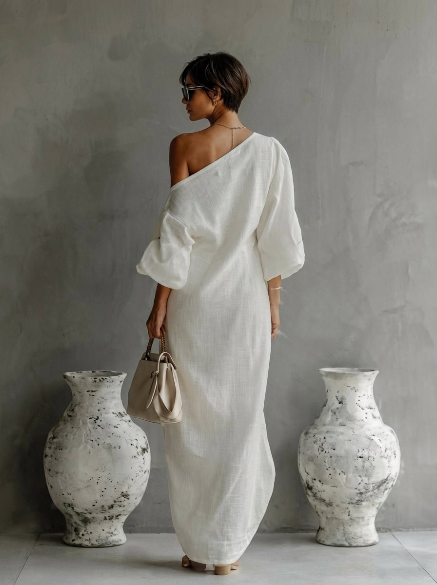 Linen-blend maxi dress with off-shoulder batwing sleeve in White